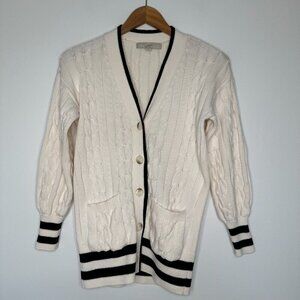 Loft Tipped V-Neck Pocket Cardigan Sweater Size XS‎ Cream Black Cable Knit